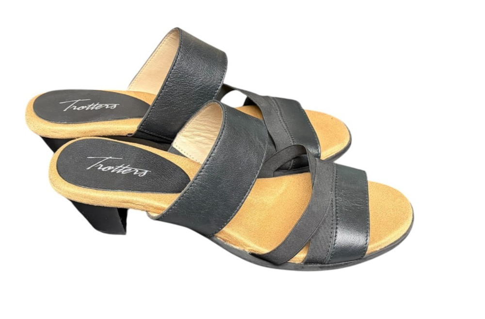 Trotters NEW Maxine Black Leather Slip On Heeled Sandals Shoes Size 9.5W